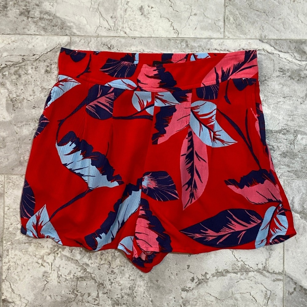 Express Women's High Rise Tropical Leaf Print Rayon Shorts Red Blue Size Small